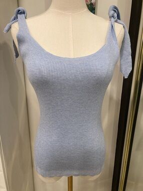 Light Blue Ribbed Tie-Shoulder Tank Top